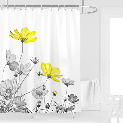 Yellow Gray Shower Curtain 60''W x 72''L White Grey Flowers Wildflower Daisy Floral Ink Painting Botanical Simple Elegance Bathroom Curtains Polyester Fabric 12 Pack Plastic Hooks