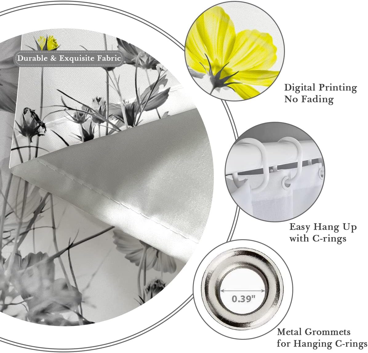 Yellow Gray Shower Curtain 60''W x 72''L White Grey Flowers Wildflower Daisy Floral Ink Painting Botanical Simple Elegance Bathroom Curtains Polyester Fabric 12 Pack Plastic Hooks