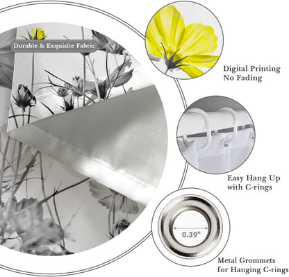 Yellow Gray Shower Curtain 60''W x 72''L White Grey Flowers Wildflower Daisy Floral Ink Painting Botanical Simple Elegance Bathroom Curtains Polyester Fabric 12 Pack Plastic Hooks