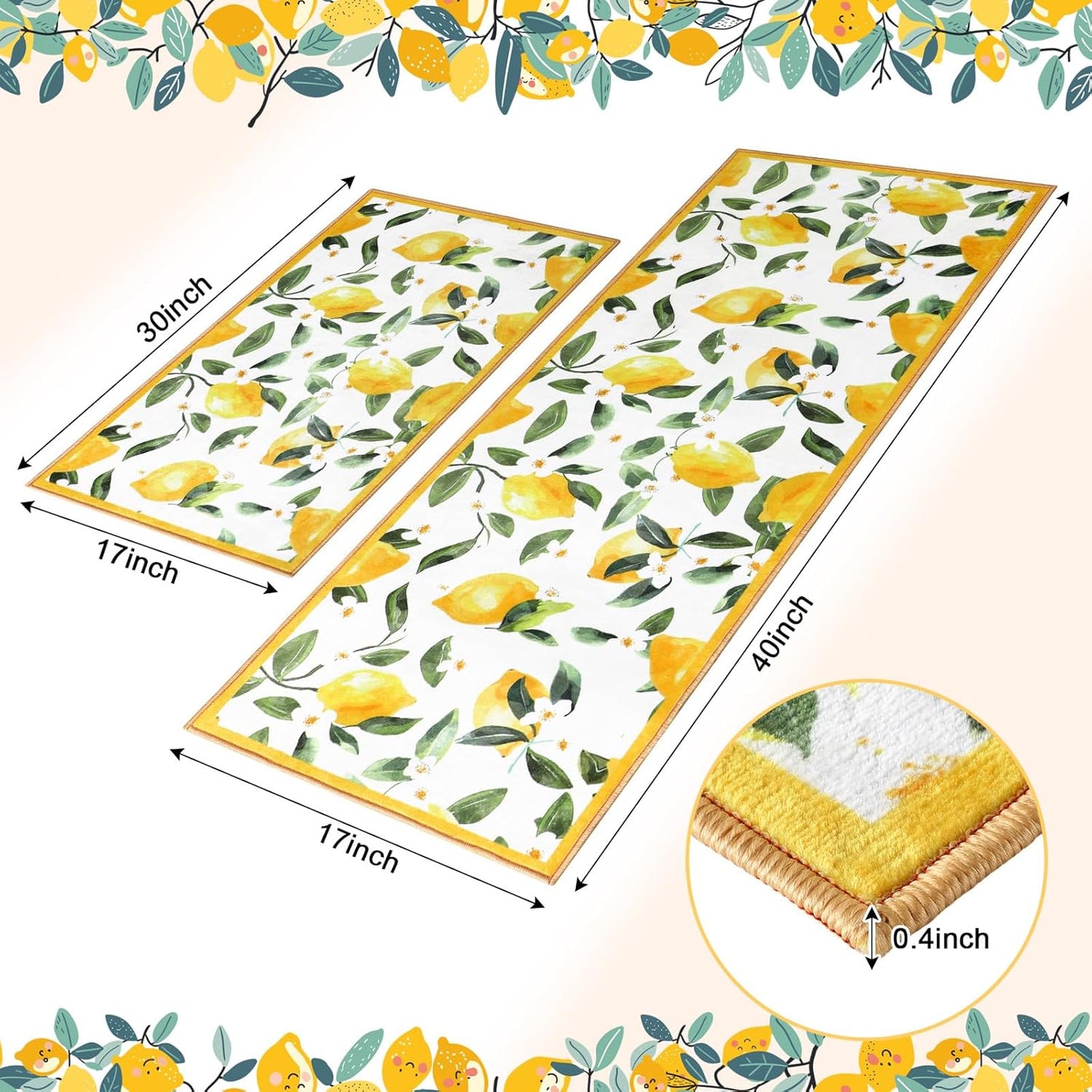 White 2 Pcs Lemon Kitchen Mats Lemon Kitchen Rugs for Floor Washable Soft Non Slip Carpet for Bathroom Sink Laundry Decor, 17" x 30" + 17" x 47"