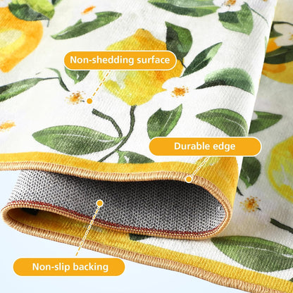 White 2 Pcs Lemon Kitchen Mats Lemon Kitchen Rugs for Floor Washable Soft Non Slip Carpet for Bathroom Sink Laundry Decor, 17" x 30" + 17" x 47"