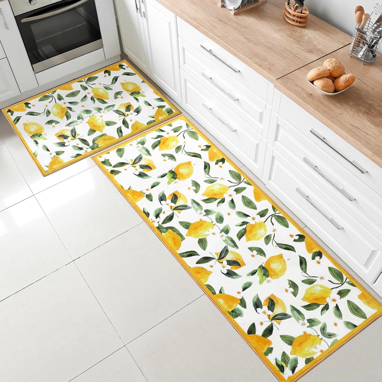 White 2 Pcs Lemon Kitchen Mats Lemon Kitchen Rugs for Floor Washable Soft Non Slip Carpet for Bathroom Sink Laundry Decor, 17" x 30" + 17" x 47"