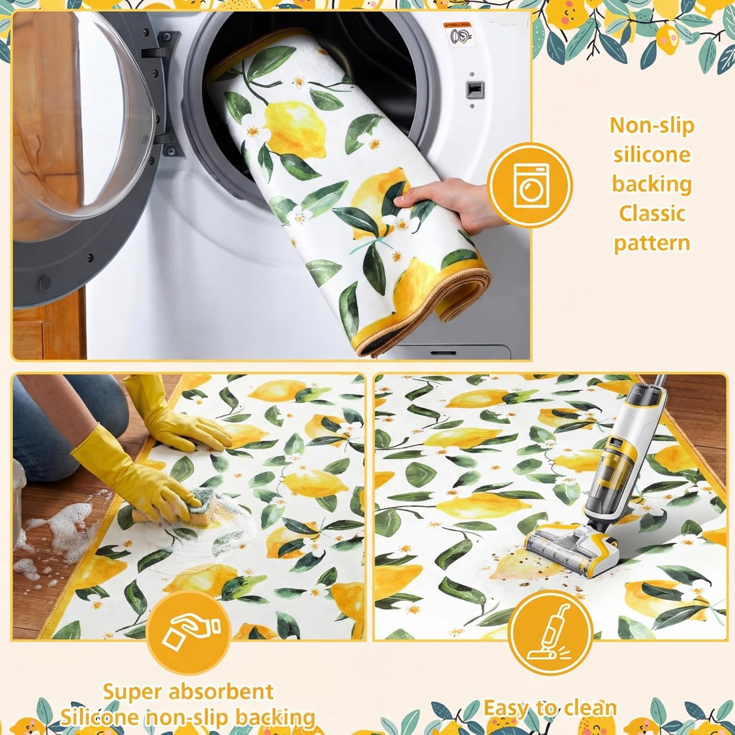 White 2 Pcs Lemon Kitchen Mats Lemon Kitchen Rugs for Floor Washable Soft Non Slip Carpet for Bathroom Sink Laundry Decor, 17" x 30" + 17" x 47"