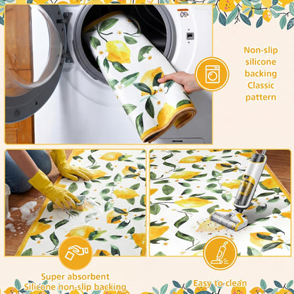 White 2 Pcs Lemon Kitchen Mats Lemon Kitchen Rugs for Floor Washable Soft Non Slip Carpet for Bathroom Sink Laundry Decor, 17" x 30" + 17" x 47"