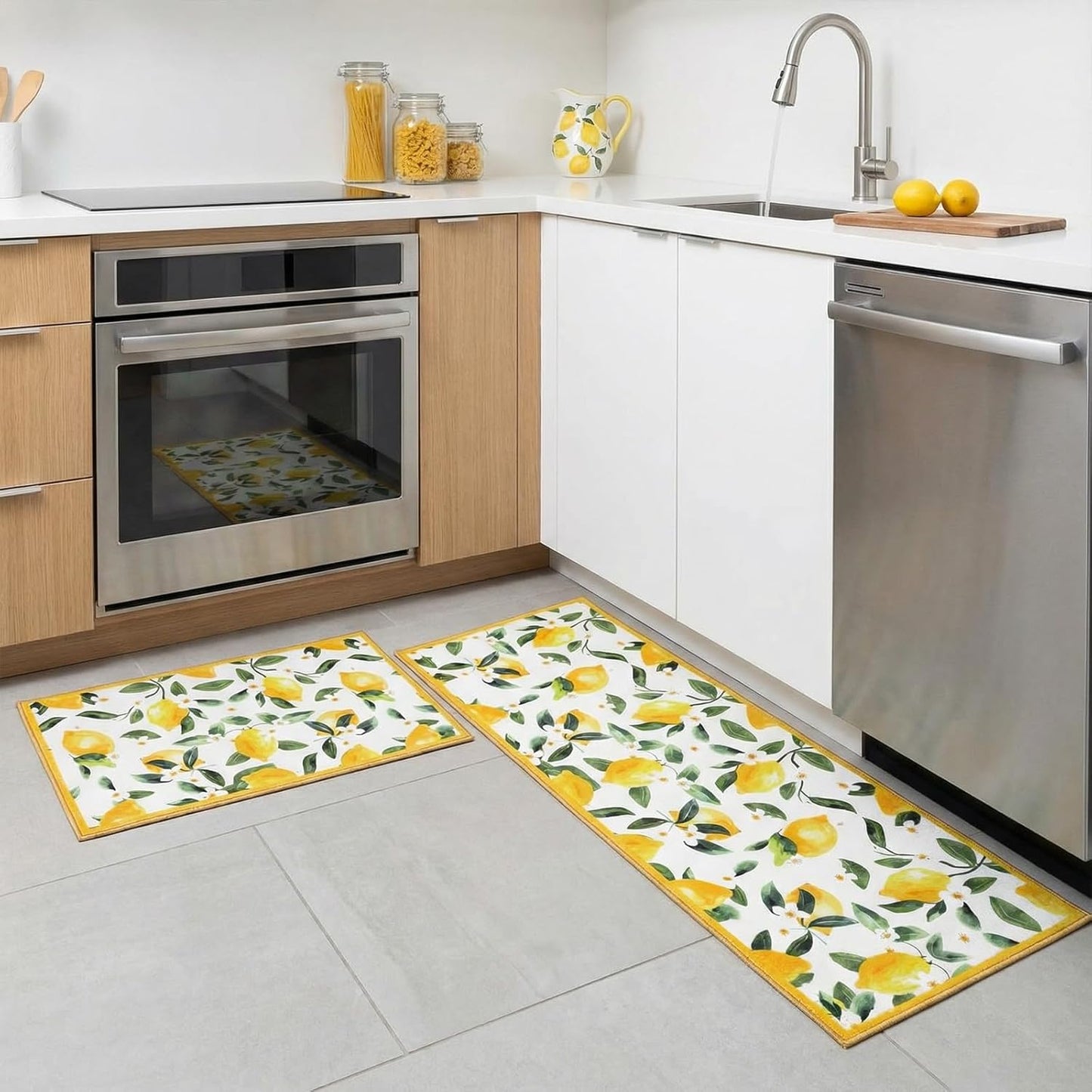 White 2 Pcs Lemon Kitchen Mats Lemon Kitchen Rugs for Floor Washable Soft Non Slip Carpet for Bathroom Sink Laundry Decor, 17" x 30" + 17" x 47"