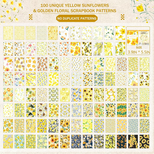 100 Pcs Watercolor Flowers Textured Paper,Craft Paper Kit，Decorative Paper，for Junk Journal Supplies，DIY Collage，Decoupage Card Making Supplies，Collage Background（Yellow）