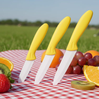 Professional Ceramic Knife Set, Yellow Handle, White Blade, 3-Piece Kitchen Knives, 3-Inch, 4-Inch, 5-Inch Blades