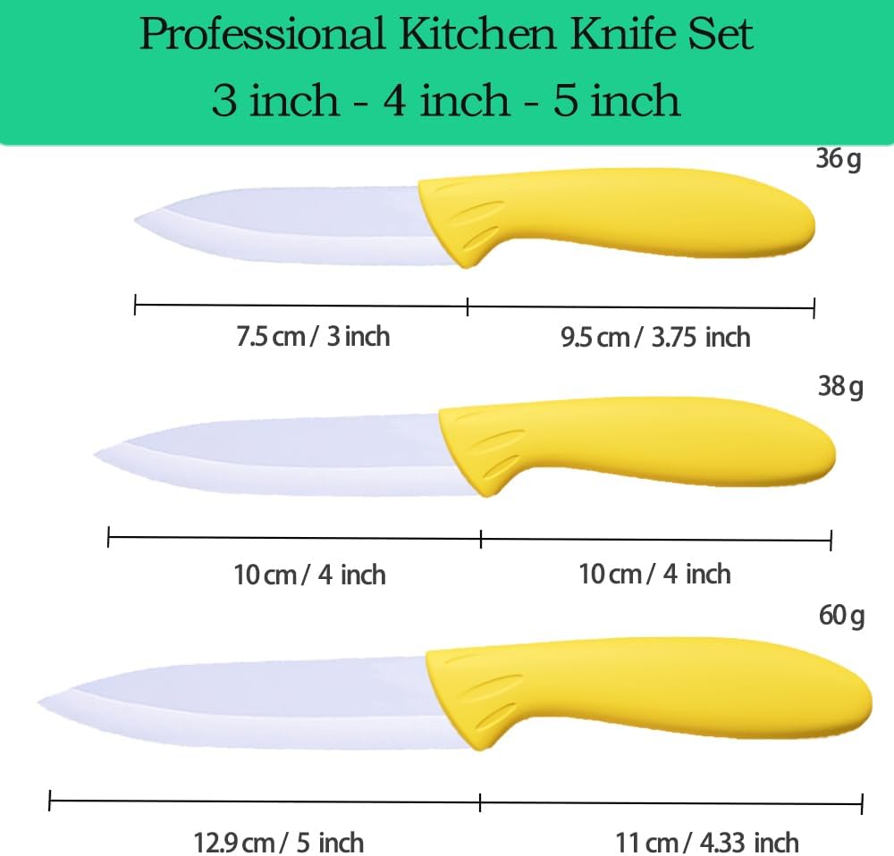 Professional Ceramic Knife Set, Yellow Handle, White Blade, 3-Piece Kitchen Knives, 3-Inch, 4-Inch, 5-Inch Blades