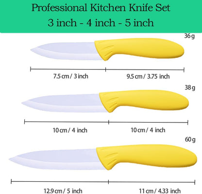 Professional Ceramic Knife Set, Yellow Handle, White Blade, 3-Piece Kitchen Knives, 3-Inch, 4-Inch, 5-Inch Blades