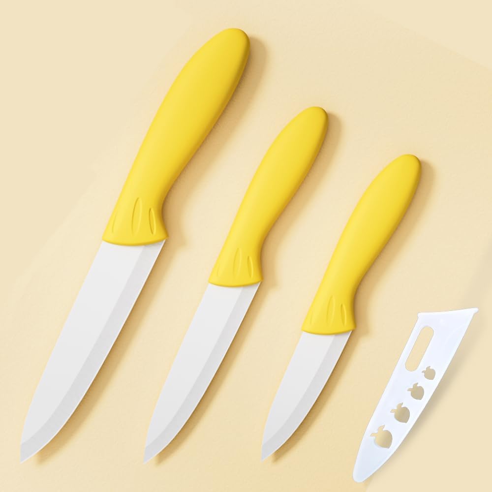 Professional Ceramic Knife Set, Yellow Handle, White Blade, 3-Piece Kitchen Knives, 3-Inch, 4-Inch, 5-Inch Blades
