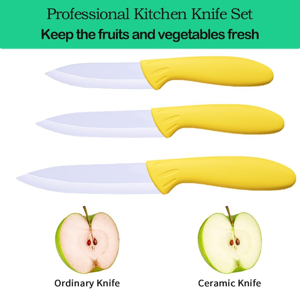 Professional Ceramic Knife Set, Yellow Handle, White Blade, 3-Piece Kitchen Knives, 3-Inch, 4-Inch, 5-Inch Blades
