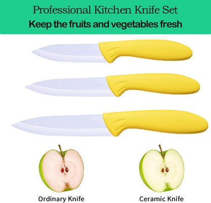 Professional Ceramic Knife Set, Yellow Handle, White Blade, 3-Piece Kitchen Knives, 3-Inch, 4-Inch, 5-Inch Blades