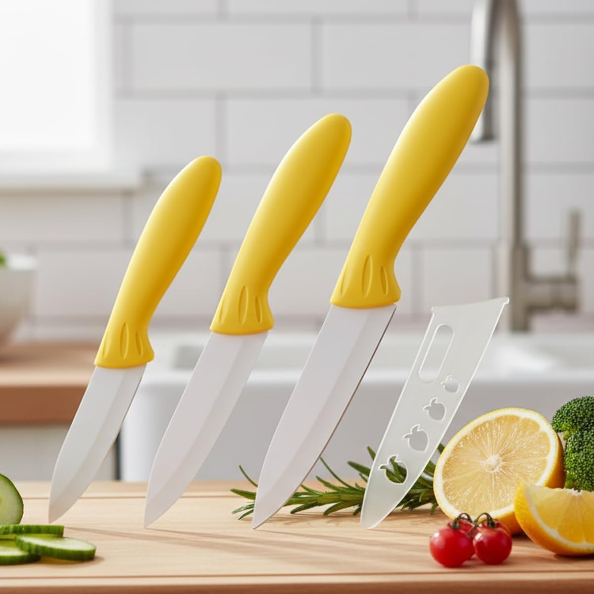 Professional Ceramic Knife Set, Yellow Handle, White Blade, 3-Piece Kitchen Knives, 3-Inch, 4-Inch, 5-Inch Blades