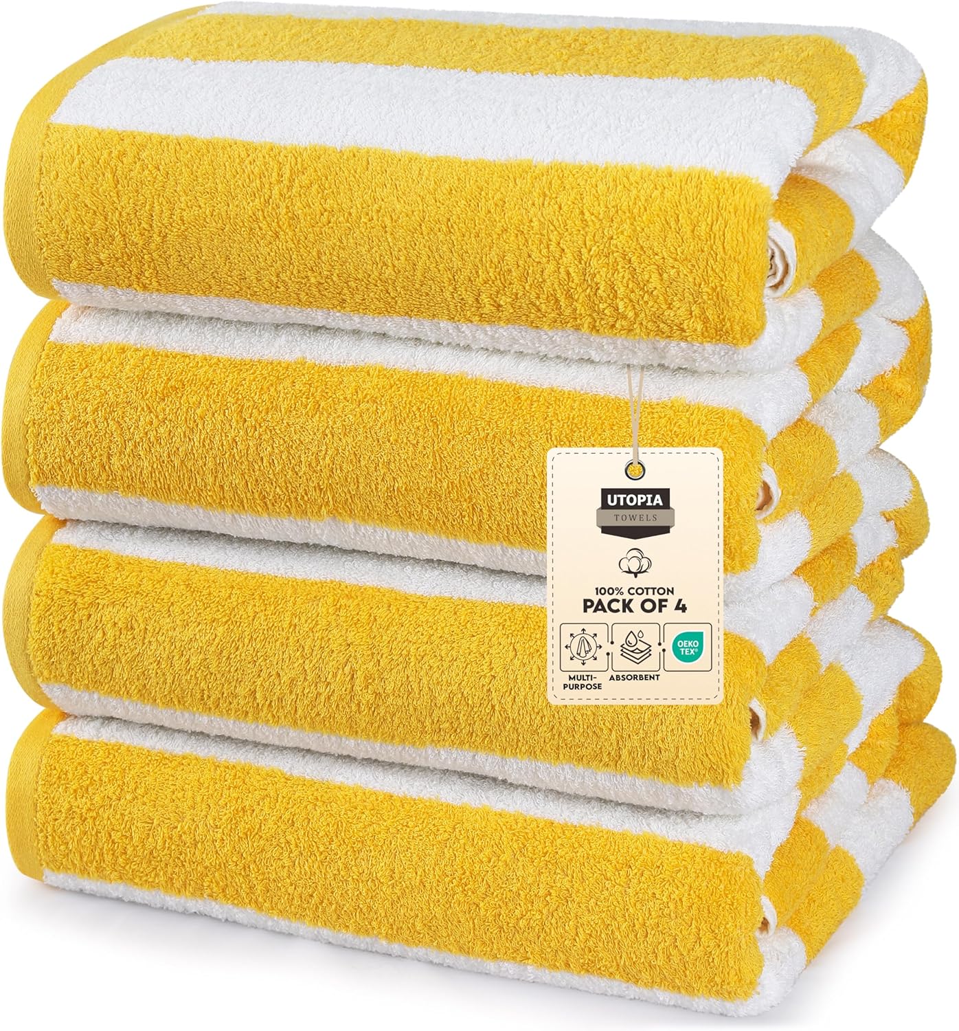Pack of 4 Cabana Beach Towels, Oversized 30 x 60 Inches Cotton Beach Towel Set, Smooth Ring Spun Texture for Pool and Swim Days, Modern Striped Design Bath Towels, Yellow