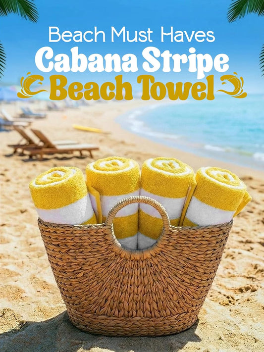 Pack of 4 Cabana Beach Towels, Oversized 30 x 60 Inches Cotton Beach Towel Set, Smooth Ring Spun Texture for Pool and Swim Days, Modern Striped Design Bath Towels, Yellow