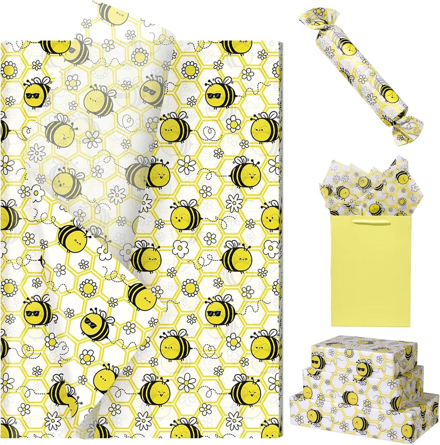 100 Sheets Bee Tissue Paper, 20x14 Inches, Yellow Bee Themed Wrapping Paper, Cute Honeybee Decorative Tissue for Baby Shower, Birthday, Wedding Party Crafts Gift Wrapping Supplies