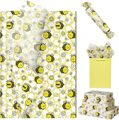 100 Sheets Bee Tissue Paper, 20x14 Inches, Yellow Bee Themed Wrapping Paper, Cute Honeybee Decorative Tissue for Baby Shower, Birthday, Wedding Party Crafts Gift Wrapping Supplies