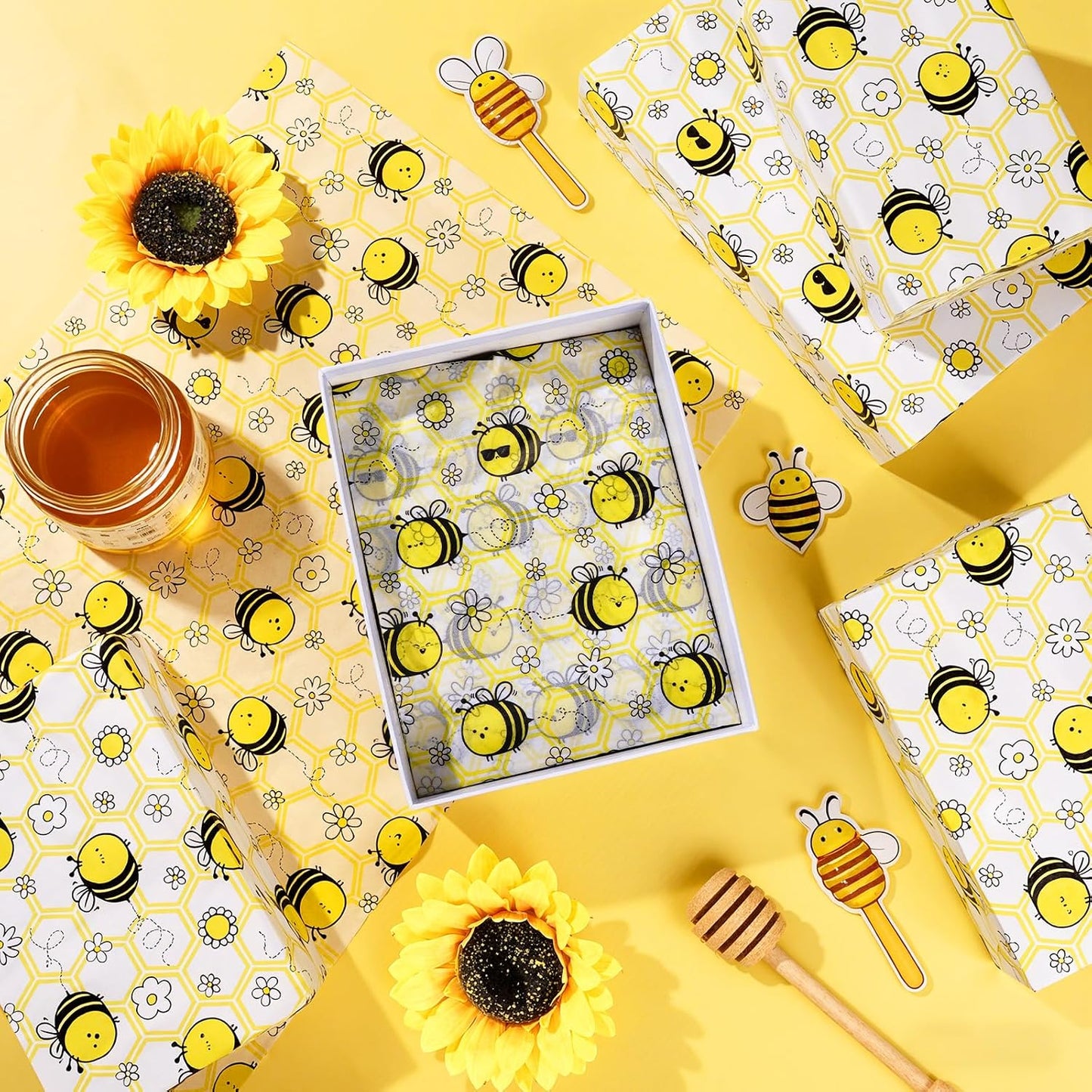 100 Sheets Bee Tissue Paper, 20x14 Inches, Yellow Bee Themed Wrapping Paper, Cute Honeybee Decorative Tissue for Baby Shower, Birthday, Wedding Party Crafts Gift Wrapping Supplies