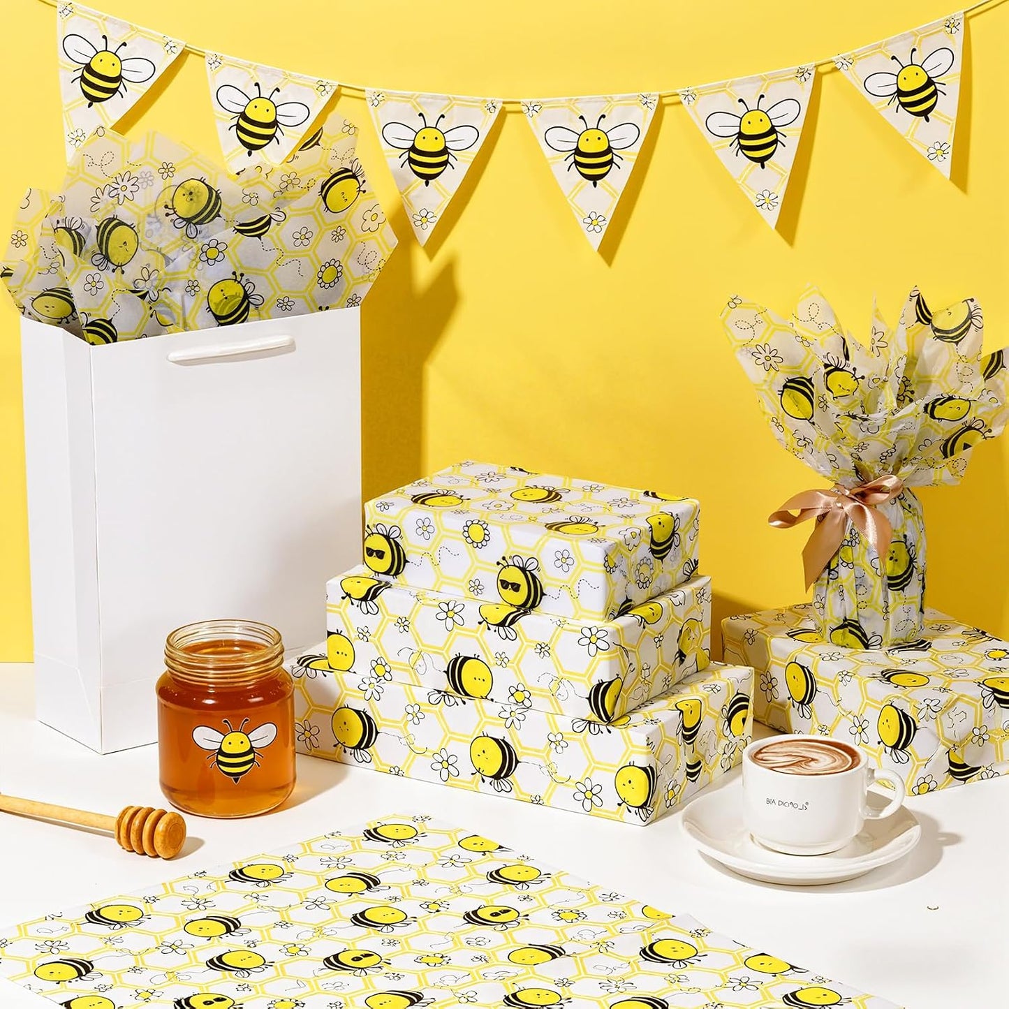 100 Sheets Bee Tissue Paper, 20x14 Inches, Yellow Bee Themed Wrapping Paper, Cute Honeybee Decorative Tissue for Baby Shower, Birthday, Wedding Party Crafts Gift Wrapping Supplies