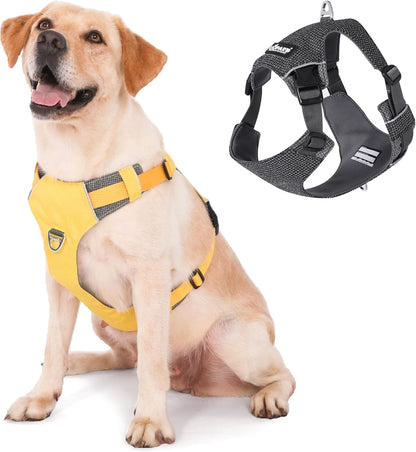 Dog Harness, Easy Walk Pet Harness No Pull with 2 Leash Clips, Reflective Running Soft Padded Adjustable Puppy Vest, Heavy Duty Seatbelt Harness for Car for Small Dogs (Yellow, XL)