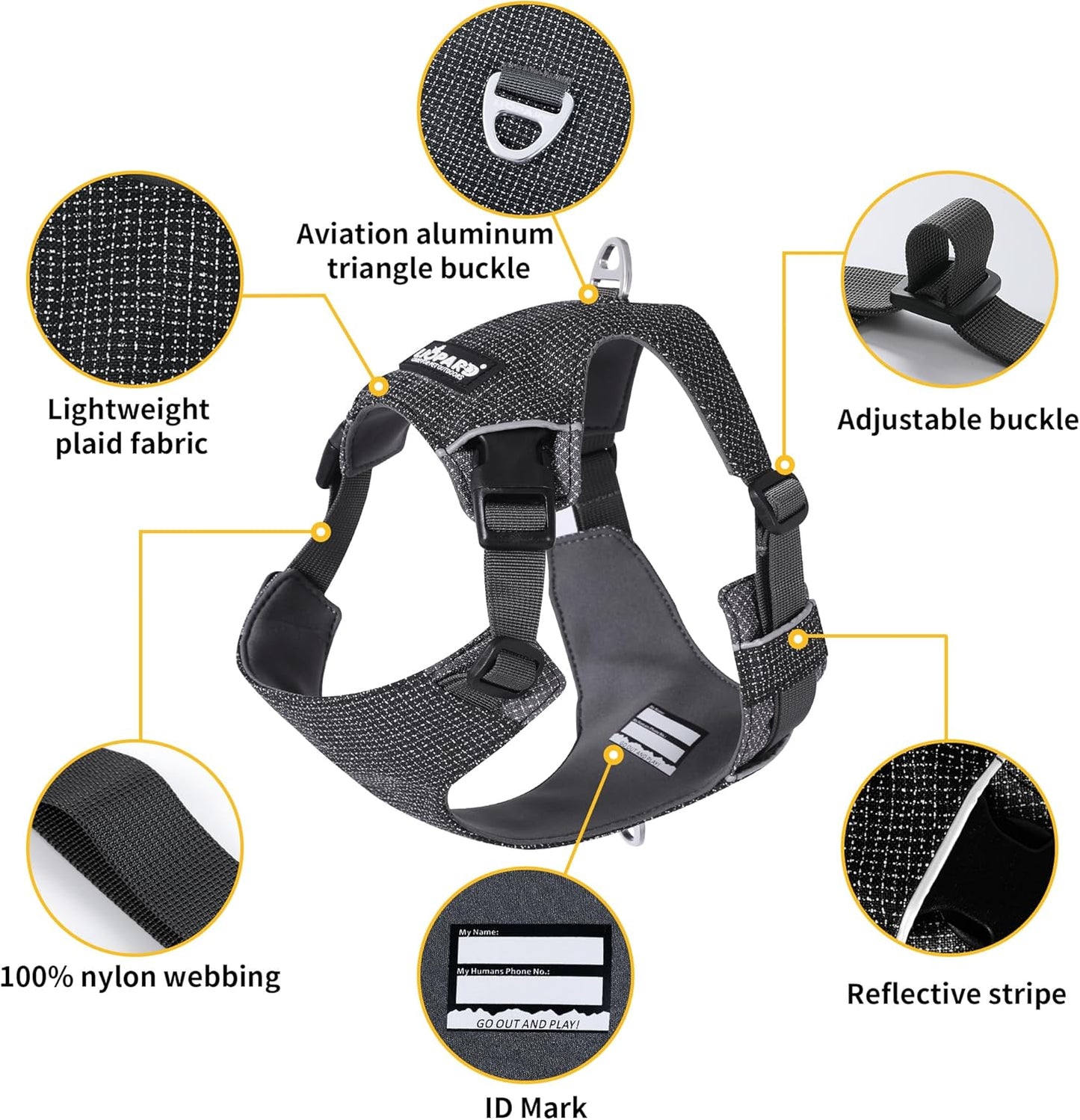 Dog Harness, Easy Walk Pet Harness No Pull with 2 Leash Clips, Reflective Running Soft Padded Adjustable Puppy Vest, Heavy Duty Seatbelt Harness for Car for Small Dogs (Yellow, XL)