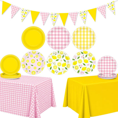 Lemon Party Decorations Pink Yellow Lemonade Plates Tablecloths Banners Lemon Themed Tableware Flags Supplies for Summer Birthday Wedding Baby Shower Bridal Bachelorette Party Decor