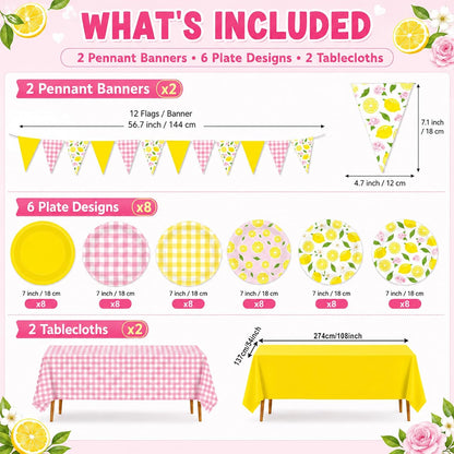Lemon Party Decorations Pink Yellow Lemonade Plates Tablecloths Banners Lemon Themed Tableware Flags Supplies for Summer Birthday Wedding Baby Shower Bridal Bachelorette Party Decor
