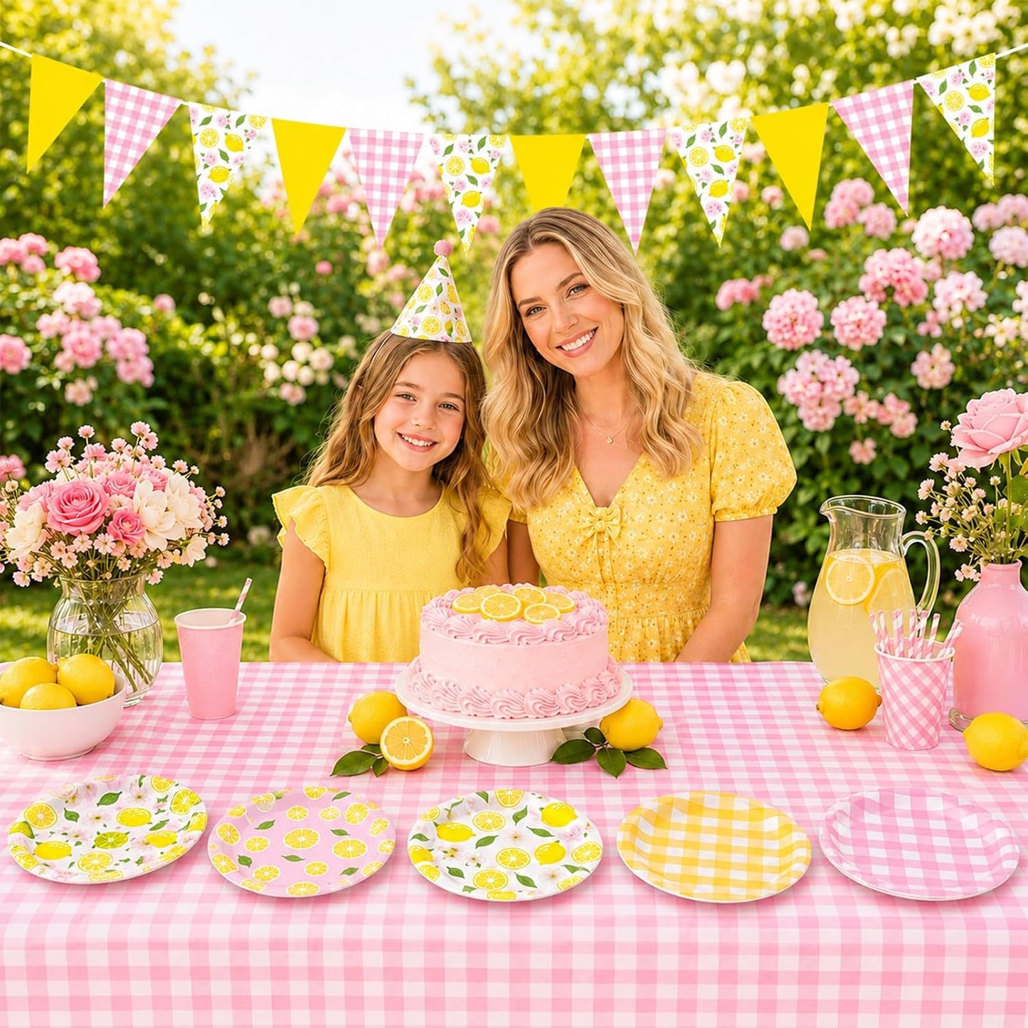 Lemon Party Decorations Pink Yellow Lemonade Plates Tablecloths Banners Lemon Themed Tableware Flags Supplies for Summer Birthday Wedding Baby Shower Bridal Bachelorette Party Decor