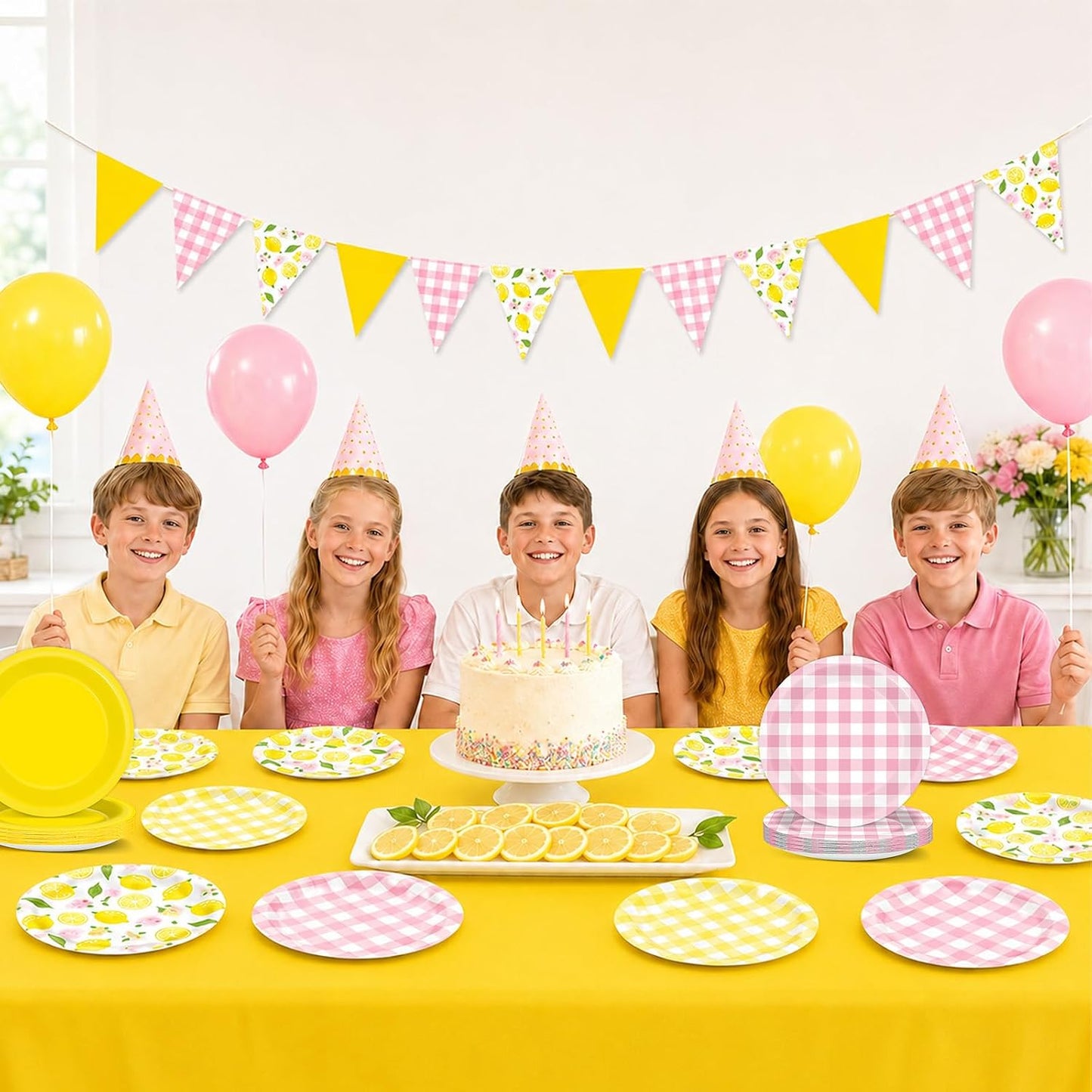 Lemon Party Decorations Pink Yellow Lemonade Plates Tablecloths Banners Lemon Themed Tableware Flags Supplies for Summer Birthday Wedding Baby Shower Bridal Bachelorette Party Decor