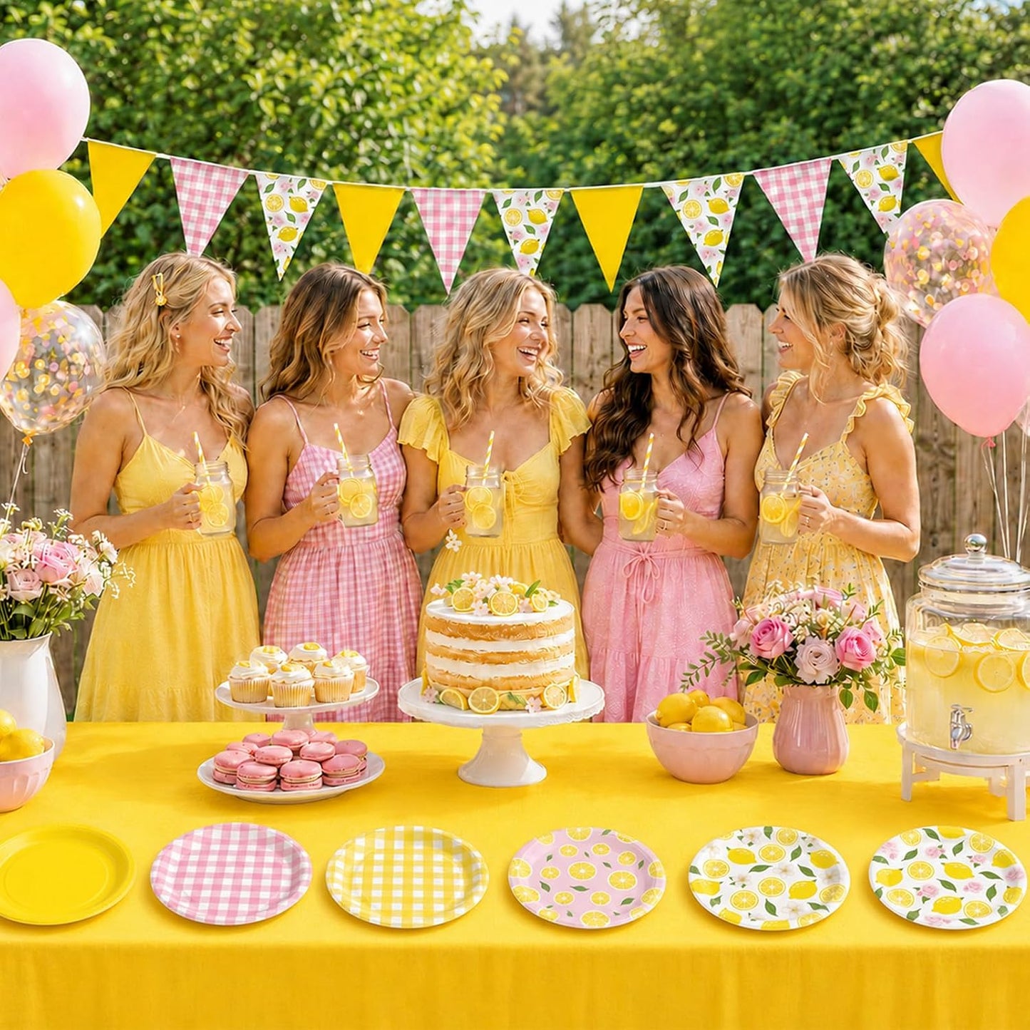 Lemon Party Decorations Pink Yellow Lemonade Plates Tablecloths Banners Lemon Themed Tableware Flags Supplies for Summer Birthday Wedding Baby Shower Bridal Bachelorette Party Decor