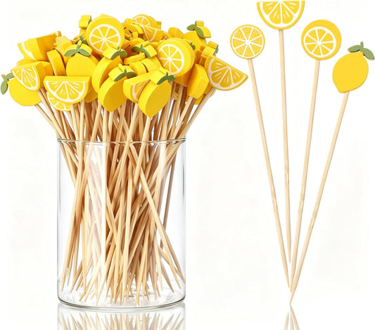 400 Pcs Lemon Cocktail Picks 4.7 Inch Bamboo Toothpicks for Appetizers Hawaiian Tropical Lemon Party Decoration Food Drinks Garnish Fruit Kabob Skewer Sticks for Spring Summer Party