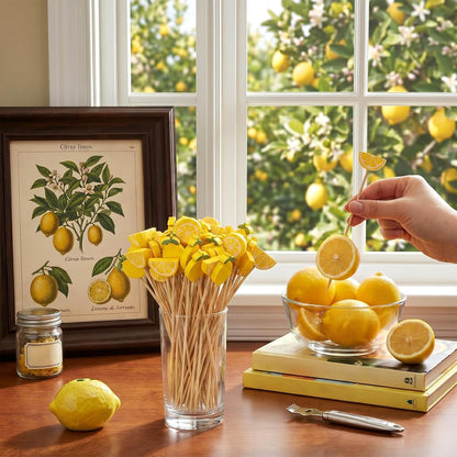 400 Pcs Lemon Cocktail Picks 4.7 Inch Bamboo Toothpicks for Appetizers Hawaiian Tropical Lemon Party Decoration Food Drinks Garnish Fruit Kabob Skewer Sticks for Spring Summer Party