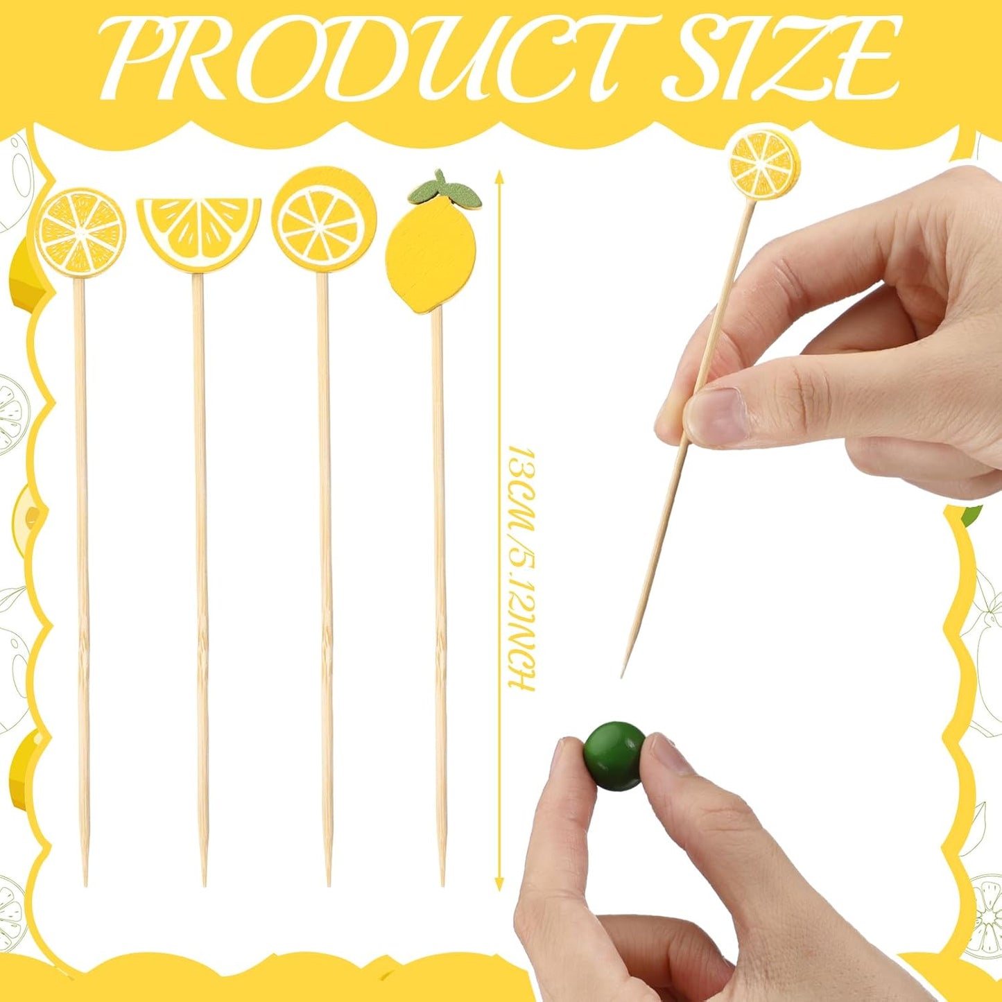 400 Pcs Lemon Cocktail Picks 4.7 Inch Bamboo Toothpicks for Appetizers Hawaiian Tropical Lemon Party Decoration Food Drinks Garnish Fruit Kabob Skewer Sticks for Spring Summer Party