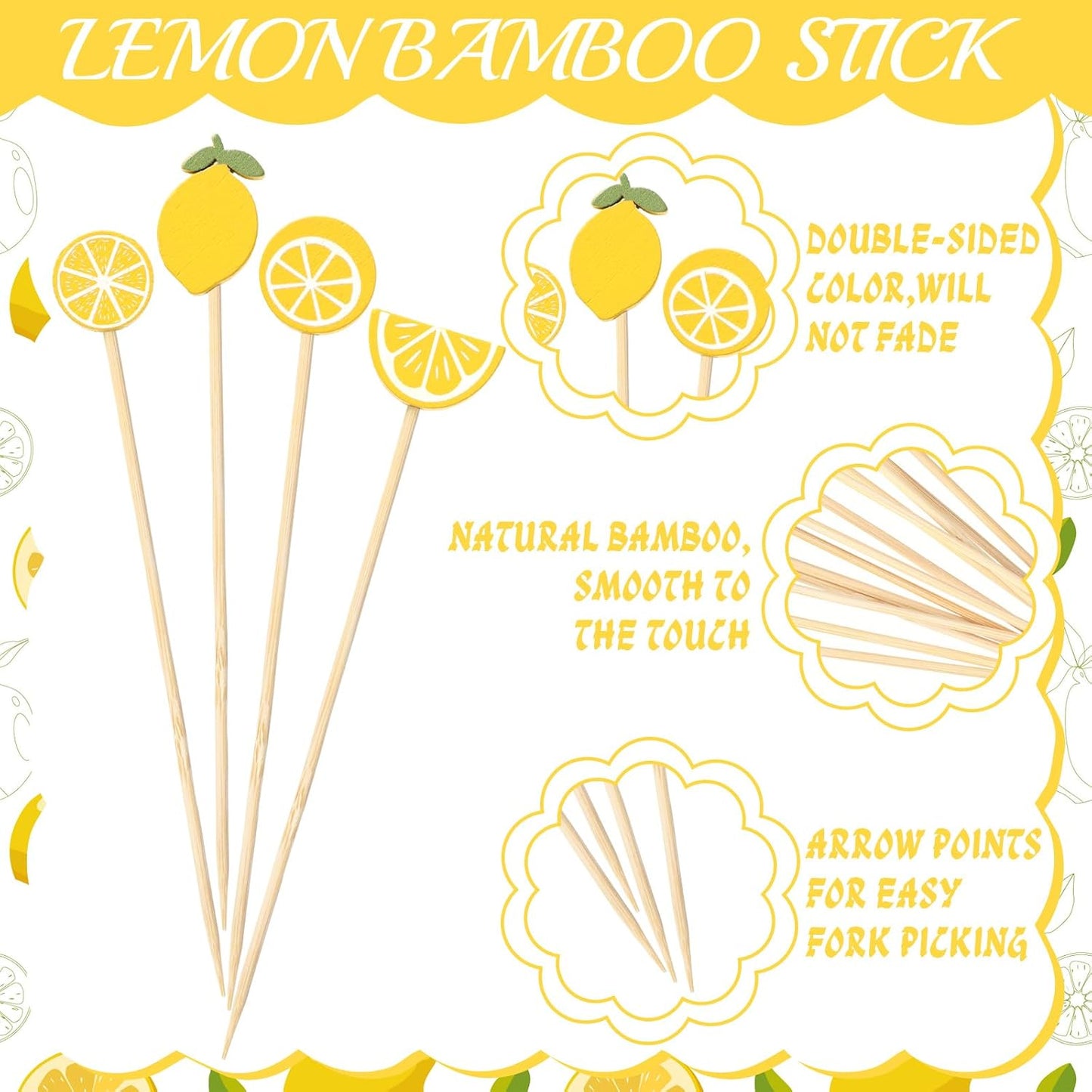 400 Pcs Lemon Cocktail Picks 4.7 Inch Bamboo Toothpicks for Appetizers Hawaiian Tropical Lemon Party Decoration Food Drinks Garnish Fruit Kabob Skewer Sticks for Spring Summer Party
