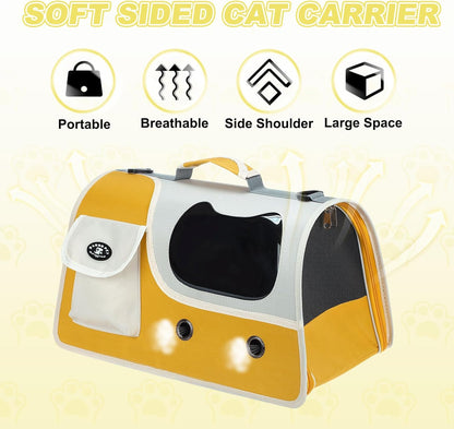 Soft-Sided Cat Carrier, Ventilation Mesh, Travel Pet Carrier Breathable Small Dog Carrying Case Up to 16.5 lbs (Yellow), Intended for Hiking/Camping/Traveling