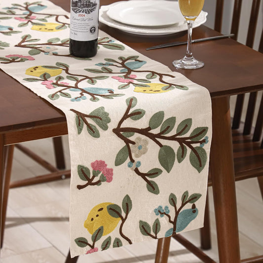 Yellow Lemon and Bird Embroidered Table Runner 13"x 72" Boho Decor | Lemon Table Decor,Durable Fabric,Floral Pattern,Great Gift for Housewarming,Kitchen Table Decoration,Indoor Outdoor,Easy Care