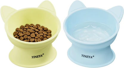 Elevated Cat Bowls 2 Pcs, Cat Food Bowl to Protect Neck & Anti-Vomit, Whisker-Friendly Raised Food and Water Bowls Set for Indoor Cats/Small Dogs, Cute Pet Feeding Bowl 6 OZ Each, Yellow & Blue