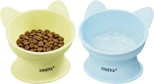 Elevated Cat Bowls 2 Pcs, Cat Food Bowl to Protect Neck & Anti-Vomit, Whisker-Friendly Raised Food and Water Bowls Set for Indoor Cats/Small Dogs, Cute Pet Feeding Bowl 6 OZ Each, Yellow & Blue