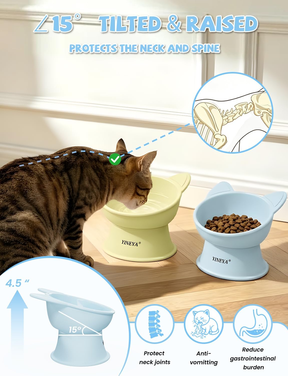 Elevated Cat Bowls 2 Pcs, Cat Food Bowl to Protect Neck & Anti-Vomit, Whisker-Friendly Raised Food and Water Bowls Set for Indoor Cats/Small Dogs, Cute Pet Feeding Bowl 6 OZ Each, Yellow & Blue