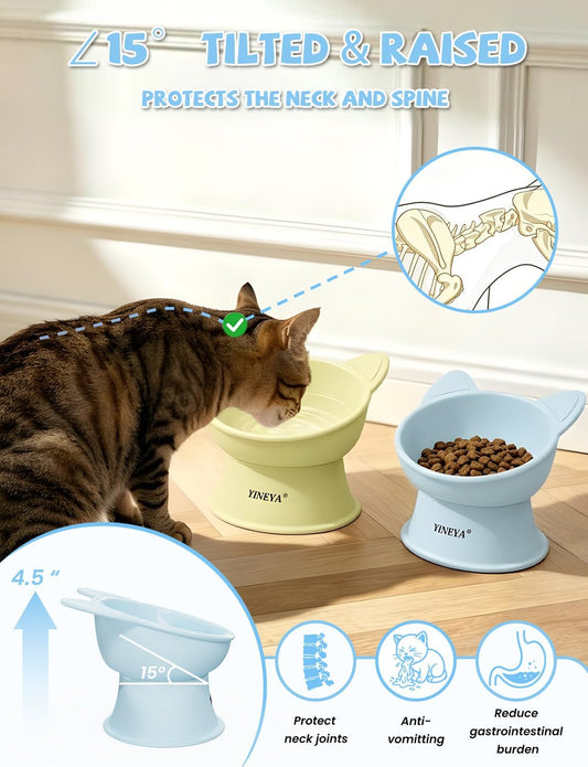 Elevated Cat Bowls 2 Pcs, Cat Food Bowl to Protect Neck & Anti-Vomit, Whisker-Friendly Raised Food and Water Bowls Set for Indoor Cats/Small Dogs, Cute Pet Feeding Bowl 6 OZ Each, Yellow & Blue