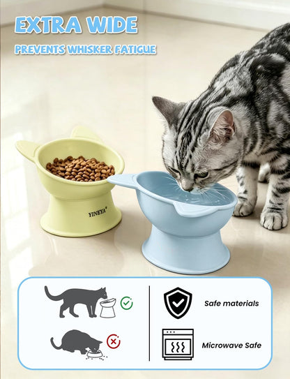 Elevated Cat Bowls 2 Pcs, Cat Food Bowl to Protect Neck & Anti-Vomit, Whisker-Friendly Raised Food and Water Bowls Set for Indoor Cats/Small Dogs, Cute Pet Feeding Bowl 6 OZ Each, Yellow & Blue