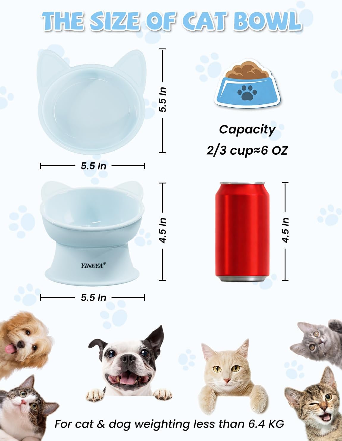 Elevated Cat Bowls 2 Pcs, Cat Food Bowl to Protect Neck & Anti-Vomit, Whisker-Friendly Raised Food and Water Bowls Set for Indoor Cats/Small Dogs, Cute Pet Feeding Bowl 6 OZ Each, Yellow & Blue