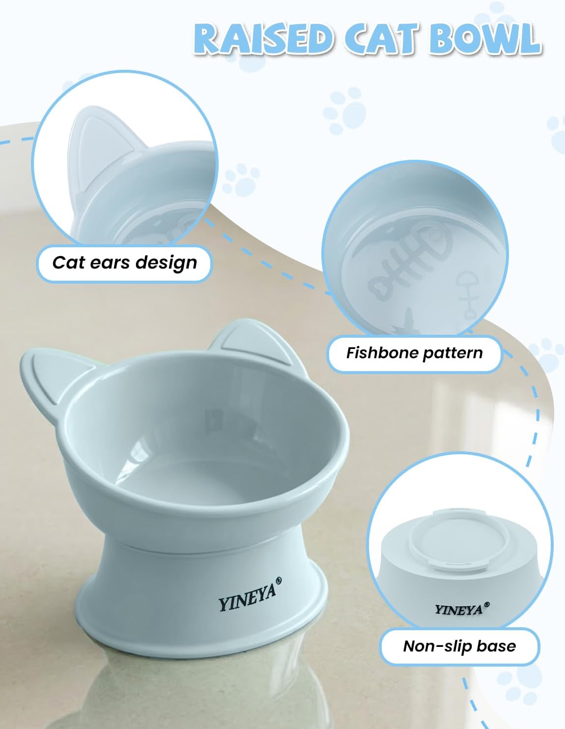 Elevated Cat Bowls 2 Pcs, Cat Food Bowl to Protect Neck & Anti-Vomit, Whisker-Friendly Raised Food and Water Bowls Set for Indoor Cats/Small Dogs, Cute Pet Feeding Bowl 6 OZ Each, Yellow & Blue