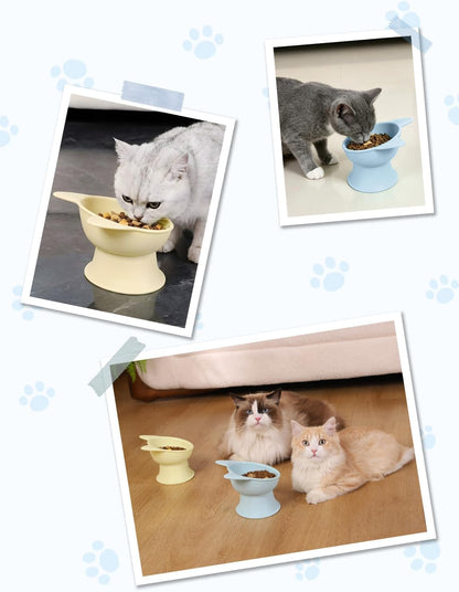 Elevated Cat Bowls 2 Pcs, Cat Food Bowl to Protect Neck & Anti-Vomit, Whisker-Friendly Raised Food and Water Bowls Set for Indoor Cats/Small Dogs, Cute Pet Feeding Bowl 6 OZ Each, Yellow & Blue