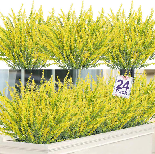 24 Pcs Artificial Lavender Fake Flowers Outdoors, Yellow | Realistic, faux plastic plants, UV resistant, for home wedding garden patio window table centerpieces indoor outdoor decor