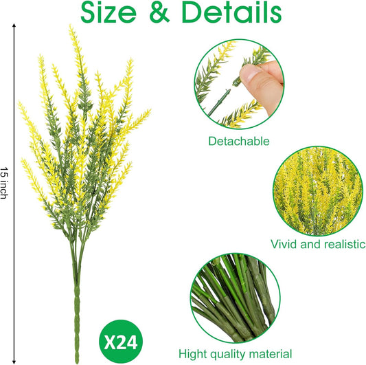 24 Pcs Artificial Lavender Fake Flowers Outdoors, Yellow | Realistic, faux plastic plants, UV resistant, for home wedding garden patio window table centerpieces indoor outdoor decor