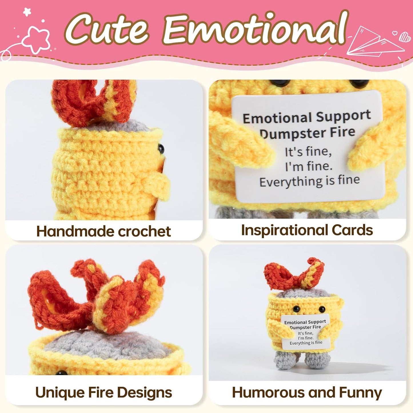 Handmade Crochet Dumpster Fire Plush – Stress Relief Amigurumi for Adults & Teens, Funny Desk Décor, Emotional Support Gift for Coworkers, College Students, Roommates (Yellow)