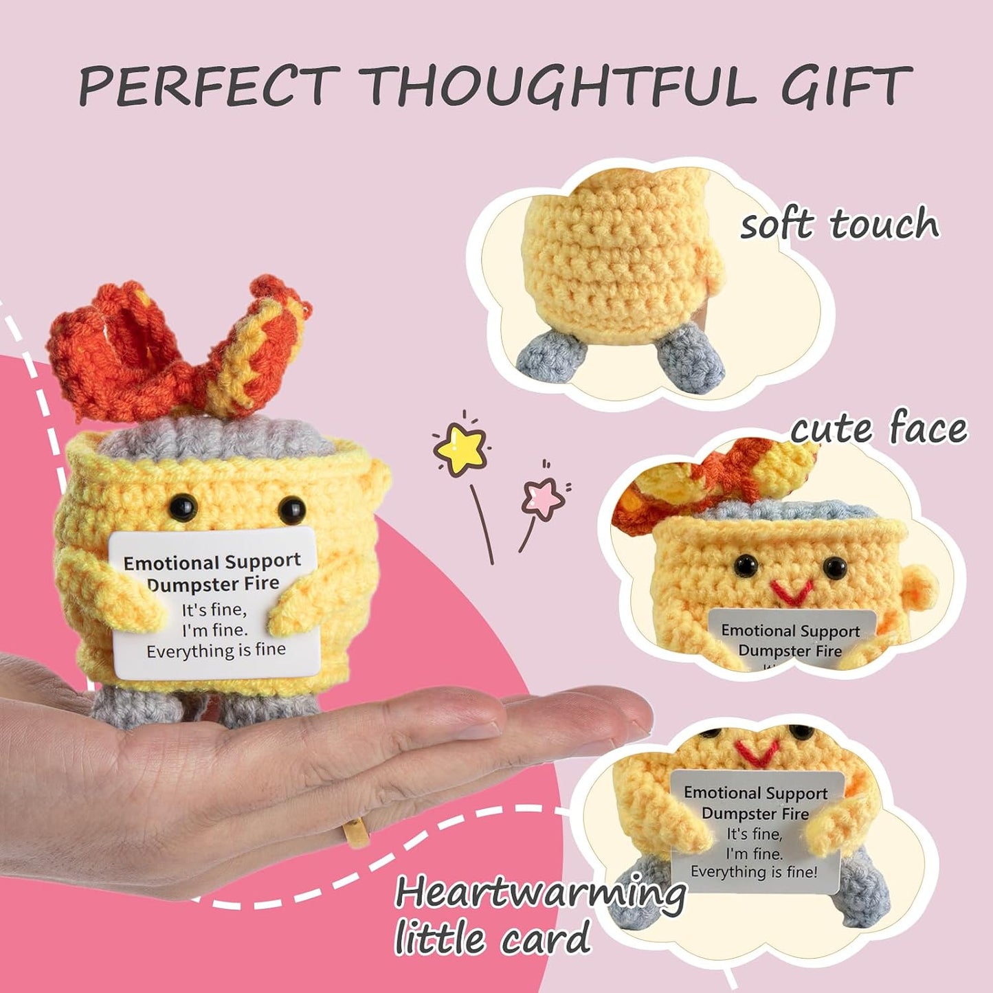 Handmade Crochet Dumpster Fire Plush – Stress Relief Amigurumi for Adults & Teens, Funny Desk Décor, Emotional Support Gift for Coworkers, College Students, Roommates (Yellow)