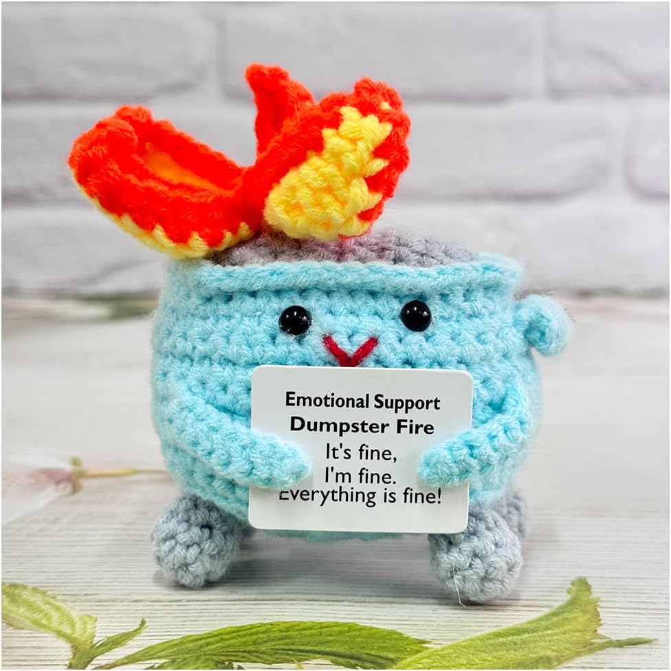 Handmade Crochet Dumpster Fire Plush – Stress Relief Amigurumi for Adults & Teens, Funny Desk Décor, Emotional Support Gift for Coworkers, College Students, Roommates (Yellow)