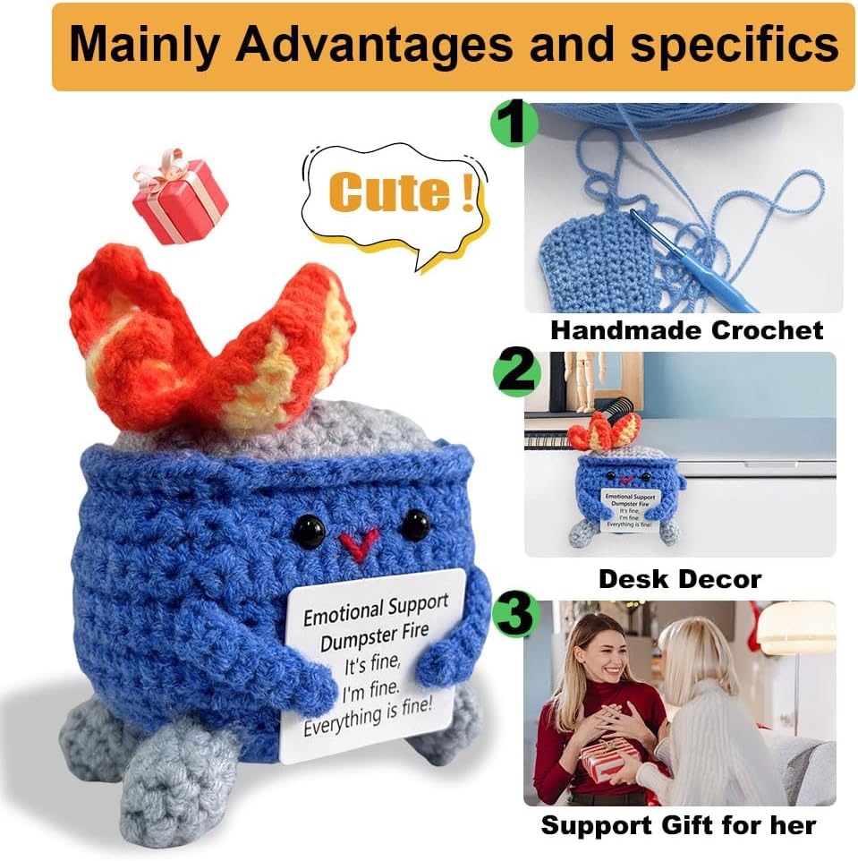 Handmade Crochet Dumpster Fire Plush – Stress Relief Amigurumi for Adults & Teens, Funny Desk Décor, Emotional Support Gift for Coworkers, College Students, Roommates (Yellow)